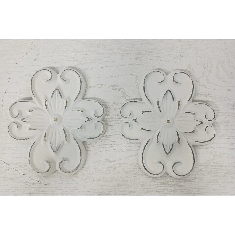 Vintage Flower Wall Plaque Set Of Two Distressed Look Cottagecore White Hanging